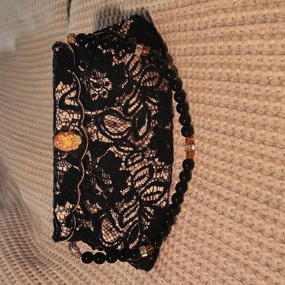 Lily Scott Vintage Lace Beaded Cameo Metal Evening Purse JT